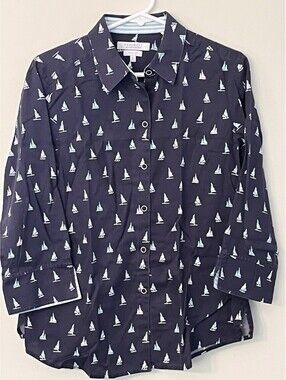 Foxcroft Navy Sailboat Print Non-Iron Button-Up Shirt, Women's Size 12